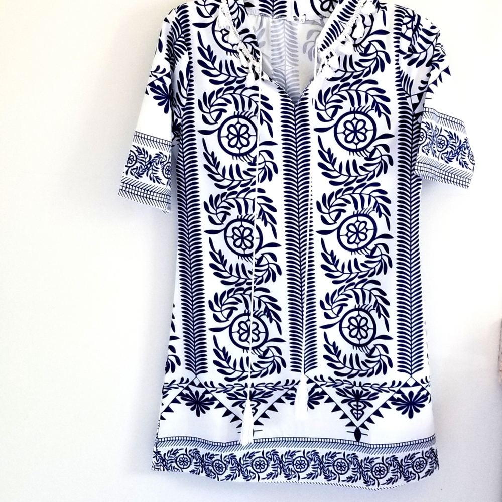 Swimsuit cover blue white tassel cotton blend S